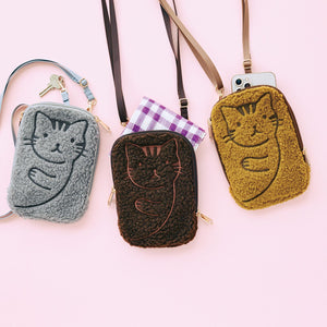 Felissimo 貓部 日本正版 能迅速地取出手機 輕鬆貓咪羊羔絨斜挎收納包 - 三款可選