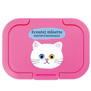 ECOUTE! minette 日本製 療癒貓粉紅色白貓臉隨身濕紙巾揭蓋