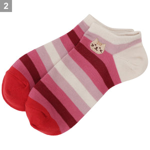 【預訂】Fuku Fuku Nyanko 日本正版 貓臉刺繡涼感條紋橫間運動鞋船襪 - 五款可選
