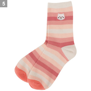 【預訂】Fuku Fuku Nyanko 日本正版 貓臉刺繡涼感條紋橫間中筒襪 - 五款可選