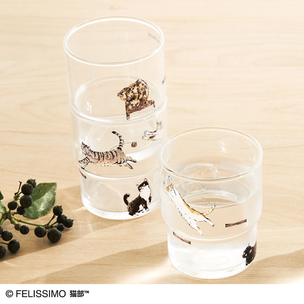 Felissimo 貓部 日本製 堆疊時插畫就連在一起! 貓咪的階梯式玻璃杯 - 四款可選