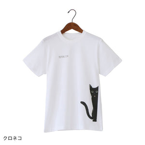 TOMO CORPORATION 日本直送 原創Peeking Cat 偷望的貓咪黑貓插畫白色T恤（ S Size）