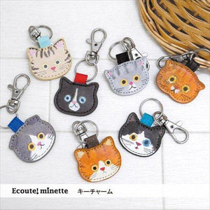 ECOUTE! minette 日本正版 療癒貓臉皮革鎖匙扣 - 摺耳八分貓